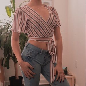 Striped Cropped Tie Wrap Blouse w/ Flared Sleeves